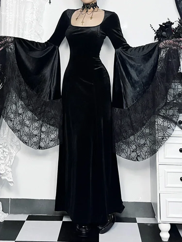 

Halloween Gothic Vintage Dress Women Velvet Square Neck Patchwork Spider Web Flare Sleeves Cosplay Long Party Dress