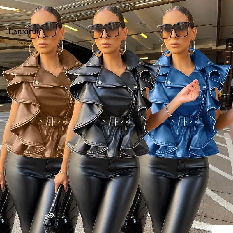 Women Faux Leather Ruffles Flare Moto Biker Style PU Leather Jacket Outcoat
Women Faux Leather Ruffles Flare Moto Biker Style PU Leather Jacket Outcoat