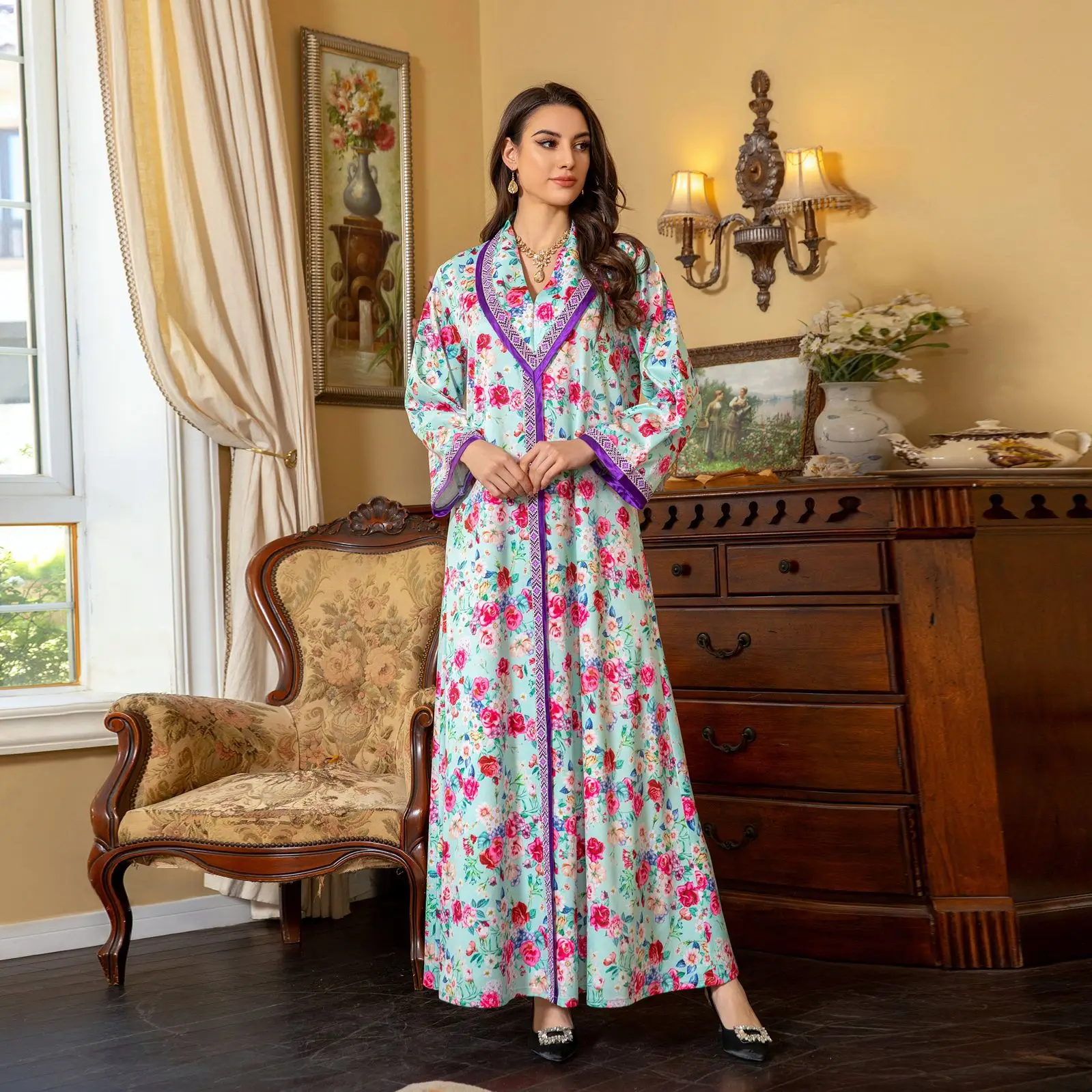 

Ramadan Muslim Women Print Dress Jalabiya Dubai Abaya Turkey Kaftan Eid Islam Clothing Marocain Caftan Saudi Arabic Robe Vestido