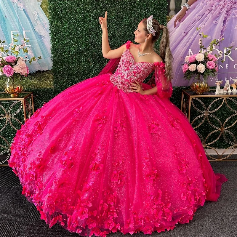 

Luxury Vestido De 15 Años Rose Red Quinceanera Dresses 3DFlower Beads With Cape Mexican Girls Sweet 16 Birthday Party Dress