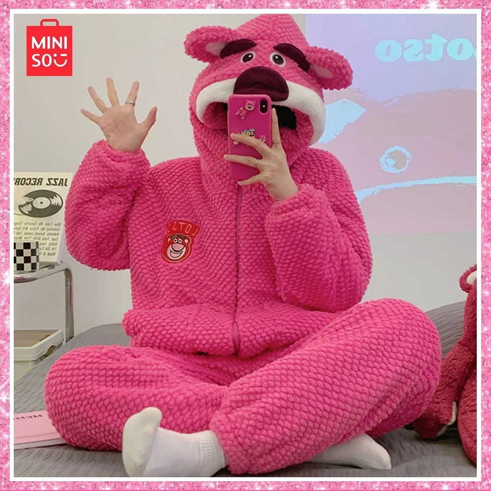 

2024 Miniso Lotso New Fall Coral Velvet Cartoon Cute Sweet Pajamas with Thick Home Wear Two-Piece Rose Red Christmas Girl Gift