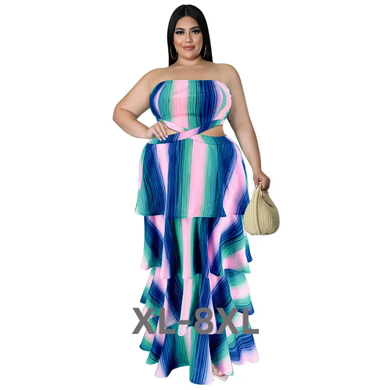 

Plus Size Striped Print Sexy Strapless Tube Top Women Fashion Maxi Long Dresses Hollow Summer Clothes Wholesa 3xl 4xl 5xl 6xl