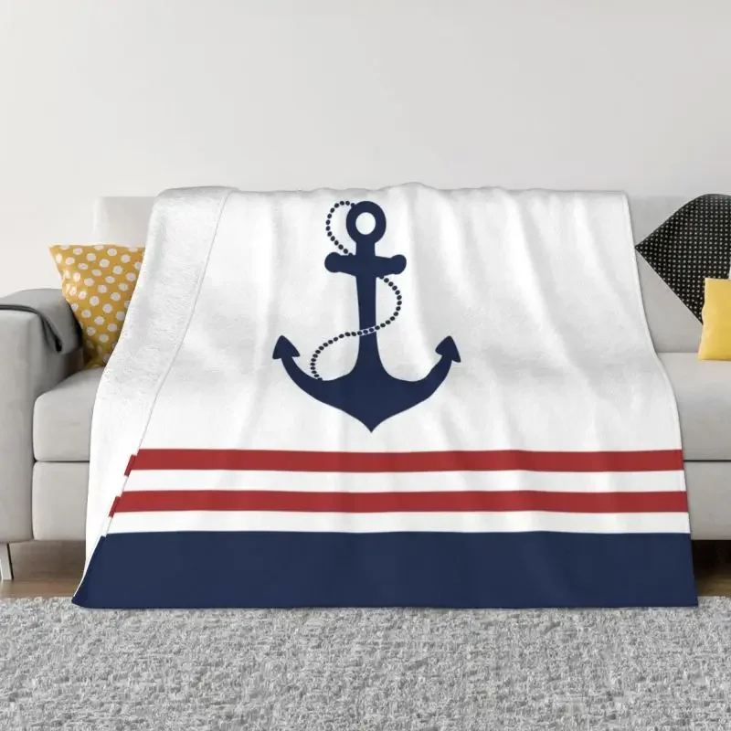 

Nautical Navy Blue Anchor With Stripes Sofa Fleece Throw Blanket Warm Flannel Sailing Sailor Blankets Couch Quilt