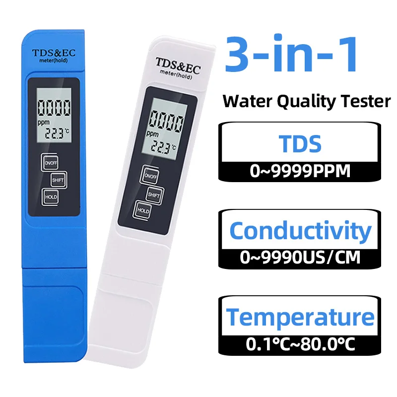 

3 in 1 Digital TDS EC Water Quality Test Pen 0-9990 Multifunctional Drinking Water Purity Temperature Meter TEMP PPM Tester
