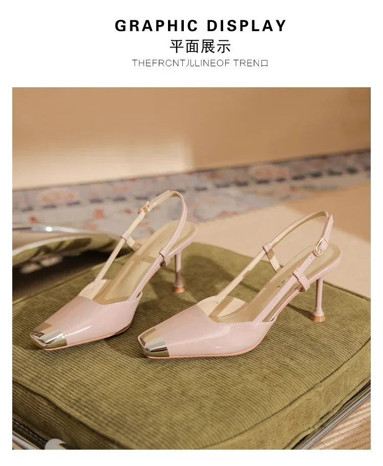 Fashion Square Toe Thin High Heels Women Metal Decoration Cover Toe Design Back Strap Patent Leather Heeled Sandals for Women 10 S1a734ddc28f6433d9d7225b2209d55baz
