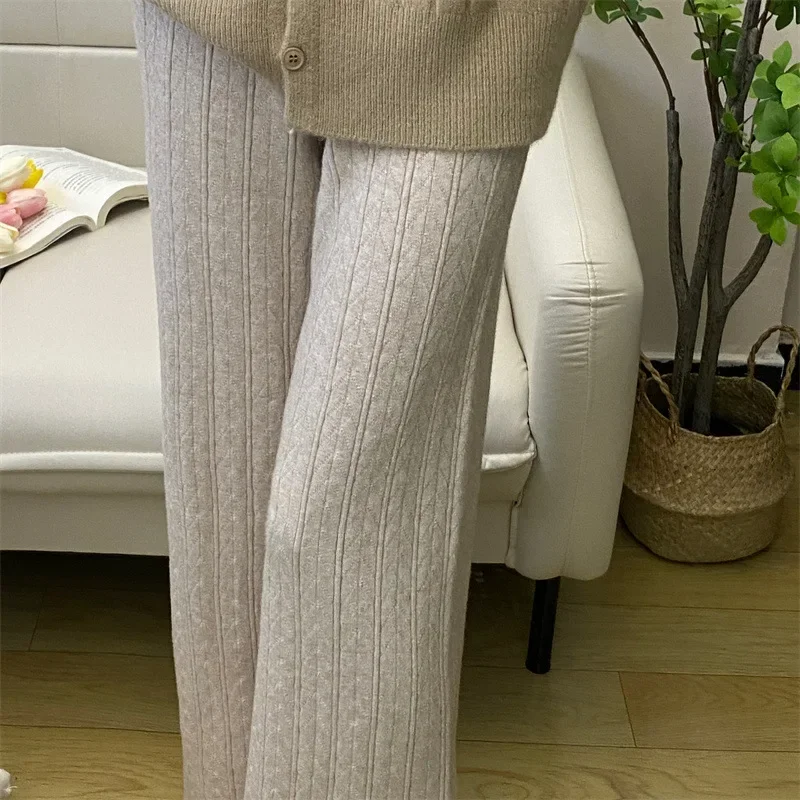 

Knitted Wide-leg Trousers Women’s Clothing in Autumn and Winter Elastic High Waist Slim Drape Casual Loose Straight Mop Floor