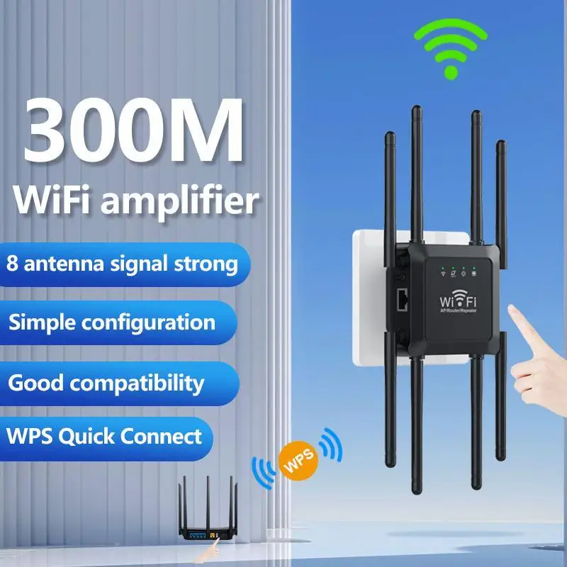 

300Mbps WiFi Repeater Wireless Router High 8 Antenna Network Amplifier Repeater Signal Cover Extender Range Signal WiFi Booster