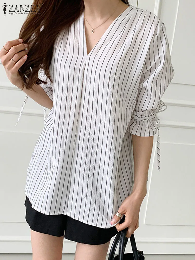 

ZANZEA Bohemian Stripes Printed Shirt Long Sleeve V-Neck Tunic Tops Woman Elegant OL Office Blusas Female Casual Street Blouse