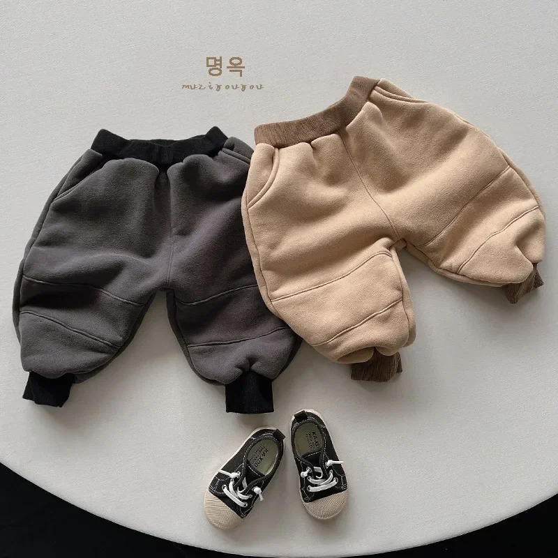 

Casual Autumn Winter Baby Boys Girls Pants Mid Waist Color Contrasting Sweatpants with Side Pockets Khaki Grey Warm Trousers