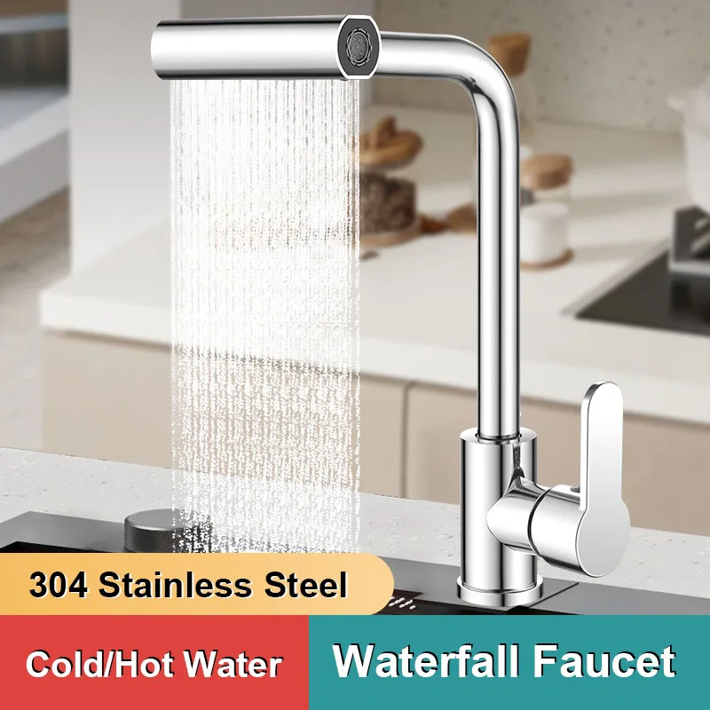 

4 Modes Stainless Steel Faucet Kitchen Waterfall Stream Sprayer Faucets Deck Mounted Taps Hot Cold Water Mixer Wash Sink Tap