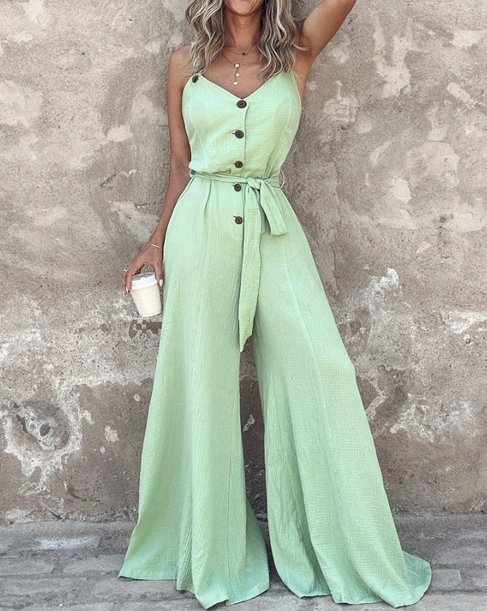 

Women's Casual Buttoned Sleeveless Tied Detail Jumpsuit Temperament Commuting Summer Female Fashion V-Neck Wide Leg Jumpsuits