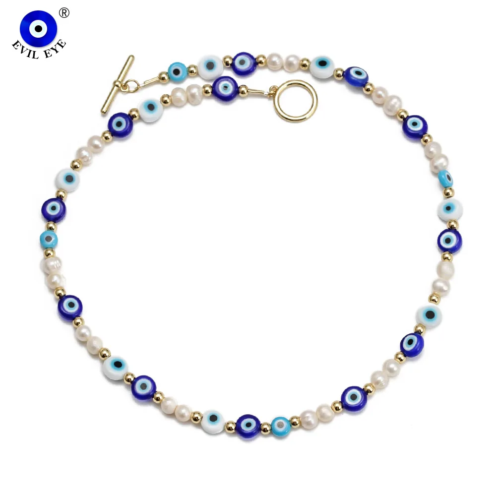 

EVIL EYE Plastic Blue Turkish Evil Eye Bead Necklace Copper Imitation Pearl Beaded Bracelet Jewelry for Women Girls Men BE900