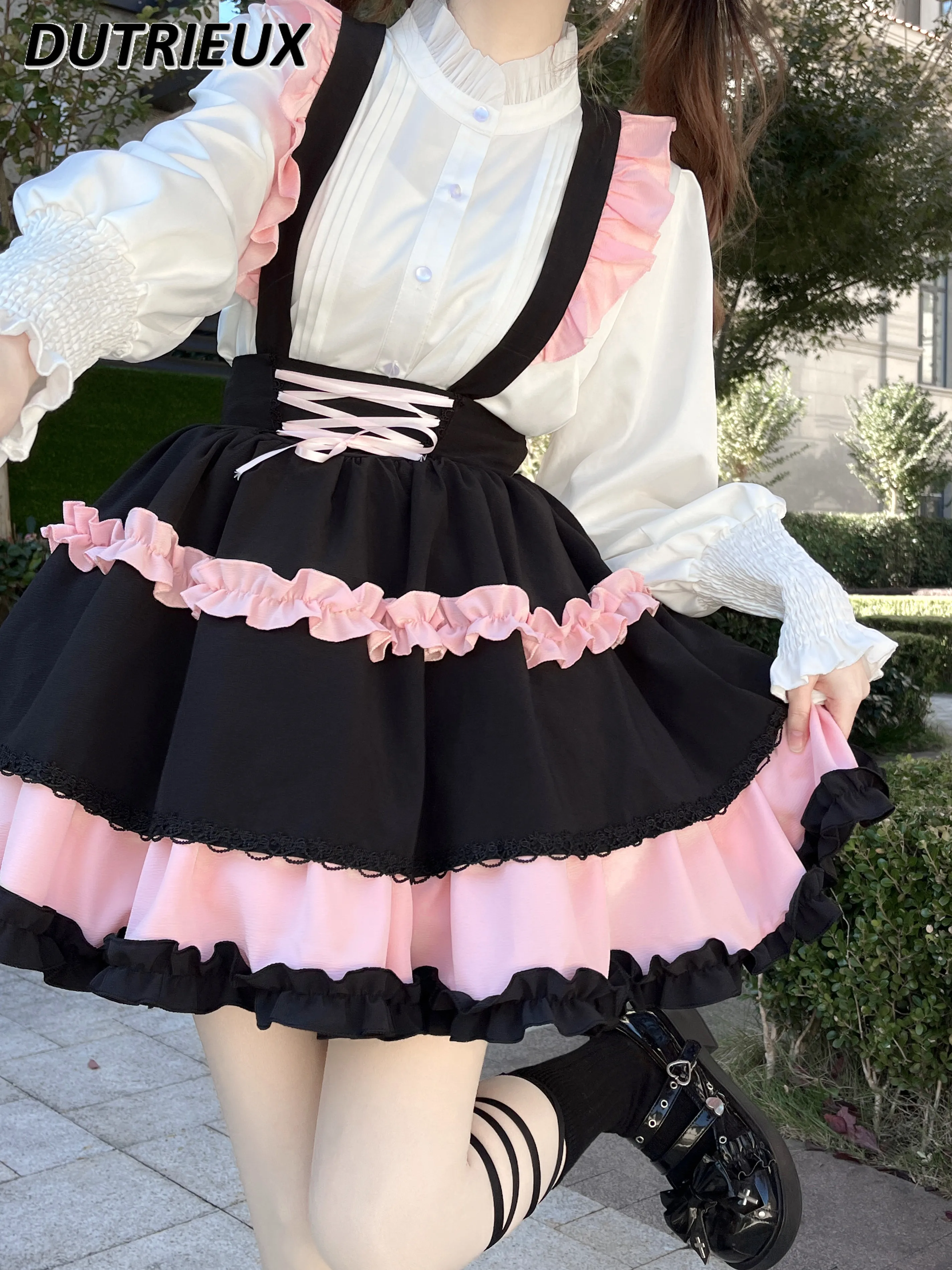

Cute Lolita SK Suspender Skirt for Women Sweet Lotus Leaf Waist-Controlled Large Hem Bubble Skirts 2024 Spring New Short Faldas