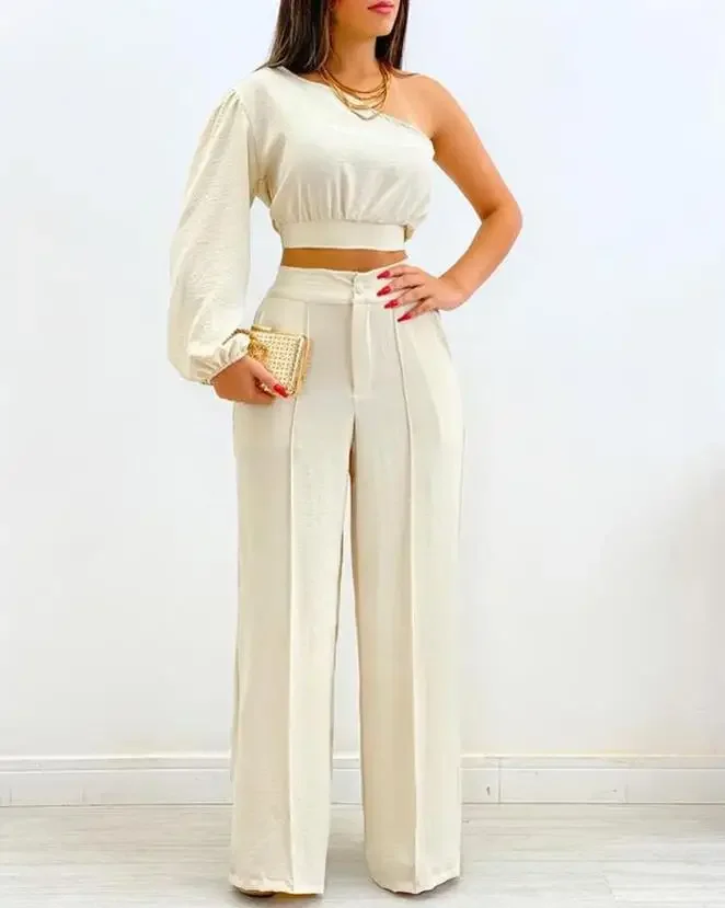 Womens Two Peice Sets One Shoulder Crop Top & High Waist Pants Set Women New Fashion Summer Casual Female Clothing Outfits
Womens Two Peice Sets One Shoulder Crop Top & High Waist Pants Set Women New Fashion Summer Casual Female Clothing Outfits