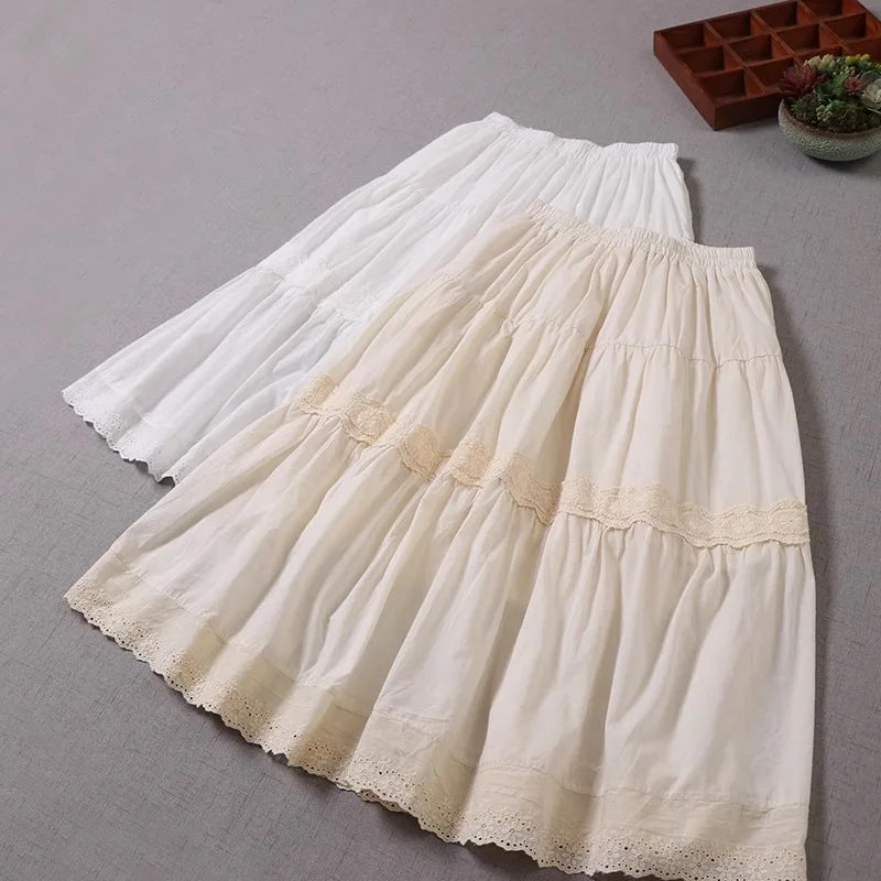 

Sweet Lolita Clothing Mori Girl Autumn Japan Style Elastic Waist Kawaii White Beige Long Cotton Embroidery Hollow Out A-line Ski