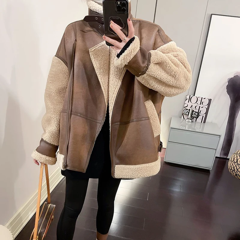 

2023 Winter Black Faux Fur Suede Fuzzy Jacket Women Spliced Thickened Fur Integrated Coat Winter Motorcycle Biker Sheepskin Coat