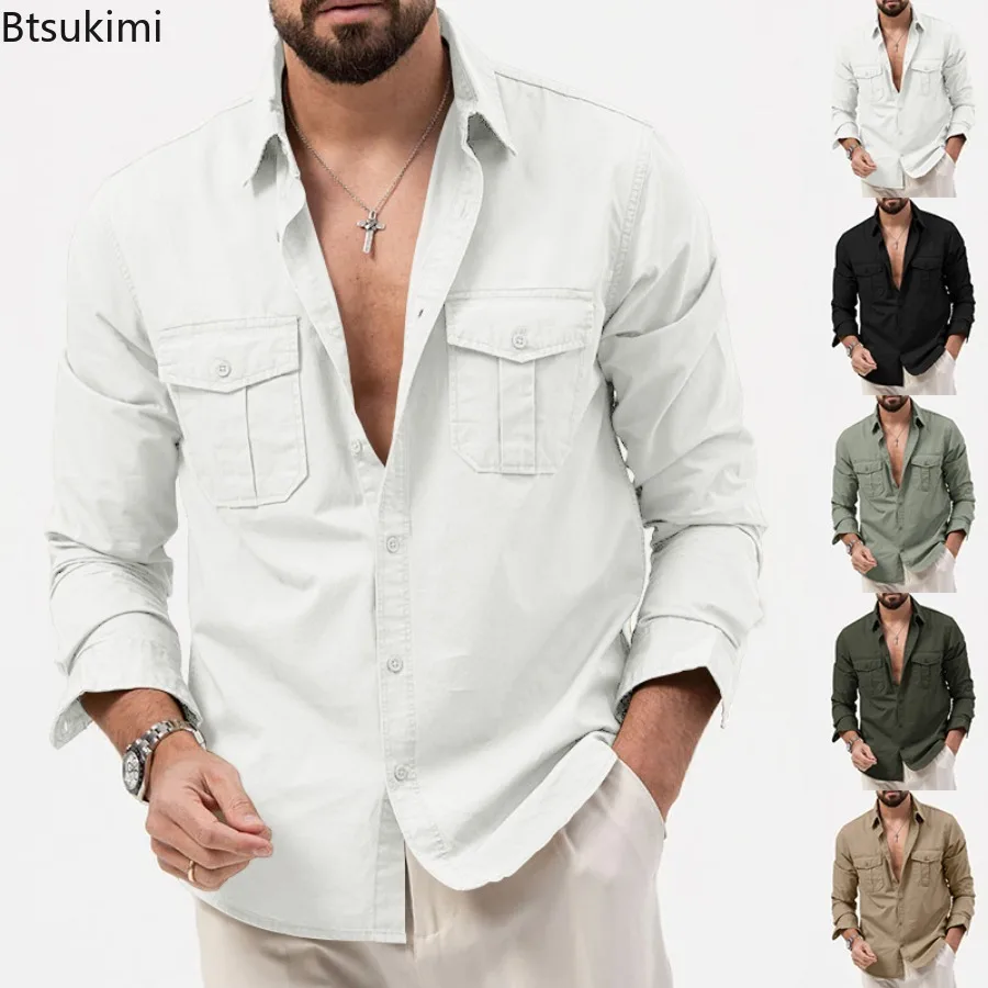 

Fashion New Men's Casual Long-sleeved Shirts Multi-pockets Lapel Cardigan Tops Men Comfy Loose Workwear Safari Style Blouse Male
