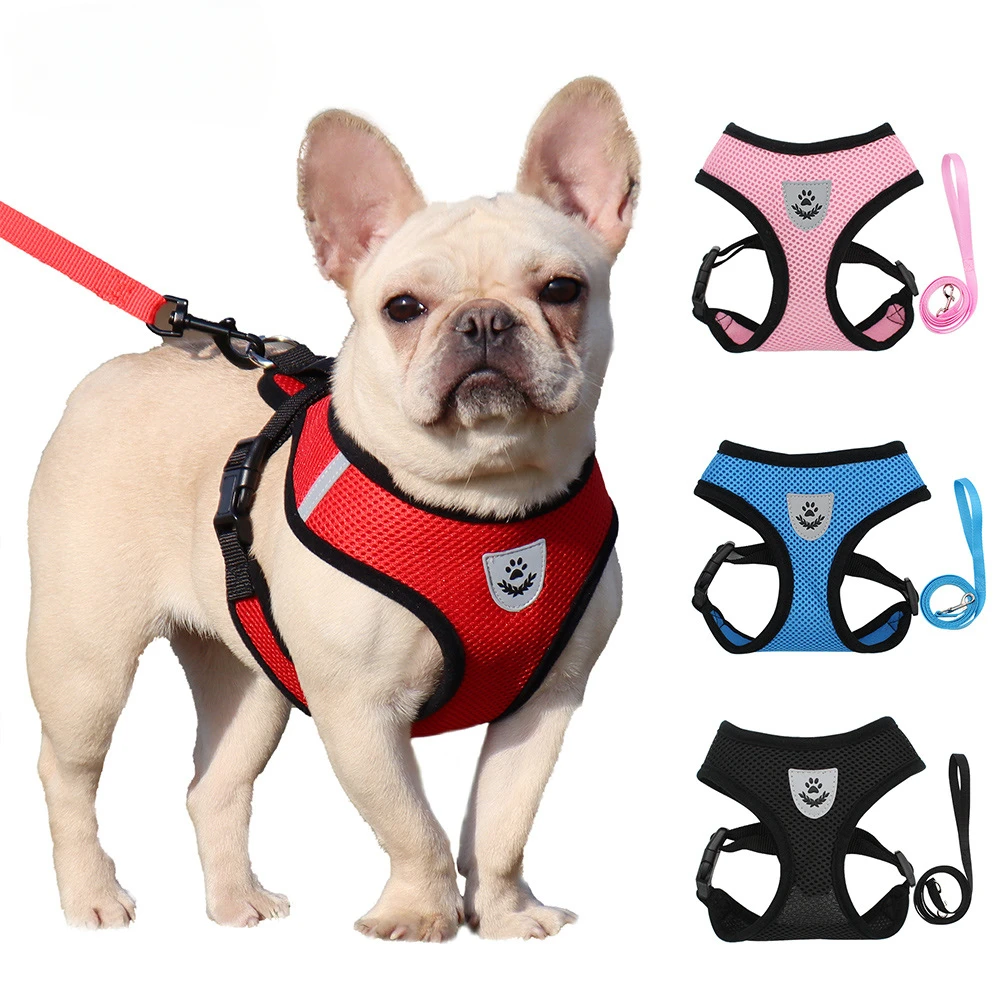 

Dog Harnesses Leash Mesh Cloth Collars Puppy Breathable Reflective Anti-break Lead Dog Rope Adjustable Pet Supplies Bulldog