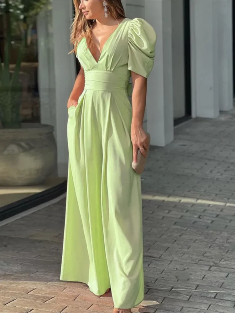 

Puff Short Sleeve Solid Color Jumpsuits Lady Spring Summer V-neck Low Cut Backless Leace-up Bowknot High Waist Wide Leg Jumpsuit