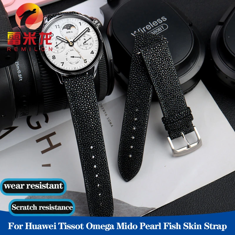 

20mm 22mm Devil Pearl Fish Skin Watch Band for Huawei Tissot Omega Mido Wear Scratch Resistant Watchband Strap Black Blue Red