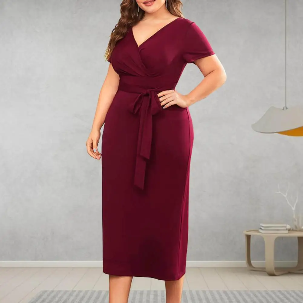 

Stylish Evening Wear Elegant Plus Size V Neck Belted Midi Dress for Women Slim Fit Solid Color Sheath with Short for Mid-calf