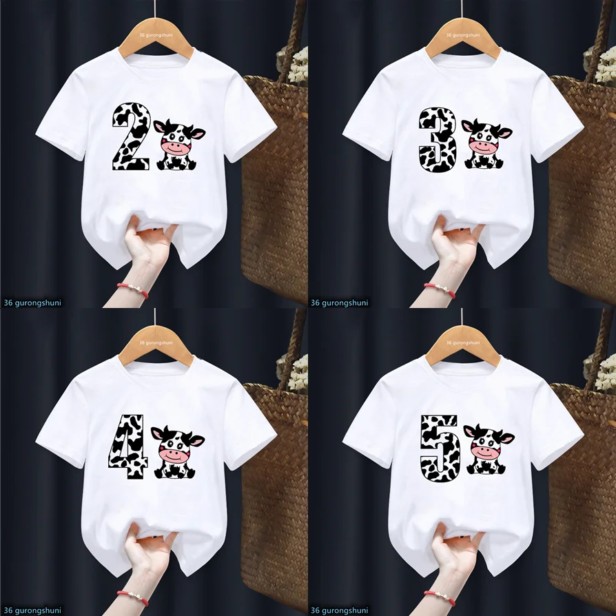 

Happy Birthday Gift T-Shirt Kawaii Cow Print Number 1-10 Tshirt Harajuku Kids Clothes Boys Girl Tshirt Short Sleeve Summer Tops