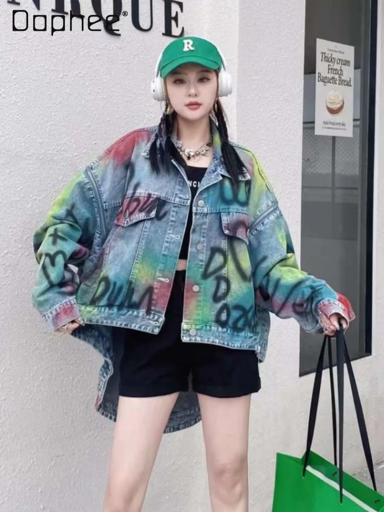 

Street Style Profile Graffiti Loose Irregular Denim Coat Women Spring Autumn Front Short Back Length Fashion Brand Denim Jacket