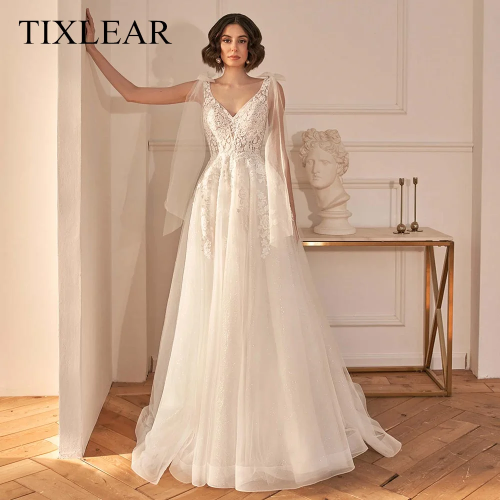 

TIXLEAR Modern A-Line Wedding Dress V-Neck Sleeveless Organza With Appliques Backless Floor Length Bridal Gown Vestidos De Novia