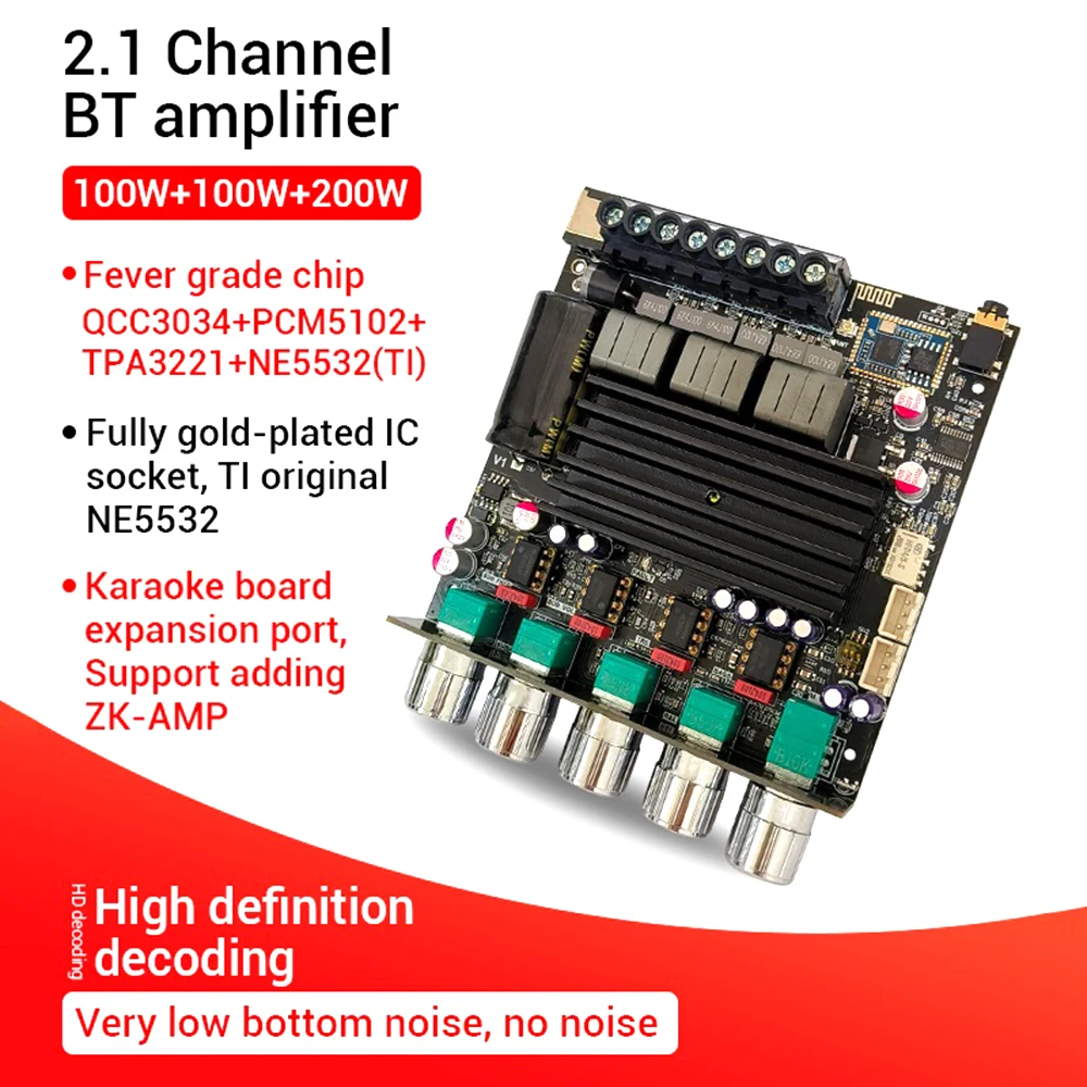 ZK-APTX1 BT Digital Amplifier Board 2.1 Channel 100Wx2+200W Power Audio Stereo Bass AMP QCC3034 TPA3221
ZK-APTX1 BT Digital Amplifier Board 2.1 Channel 100Wx2+200W Power Audio Stereo Bass AMP QCC3034 TPA3221