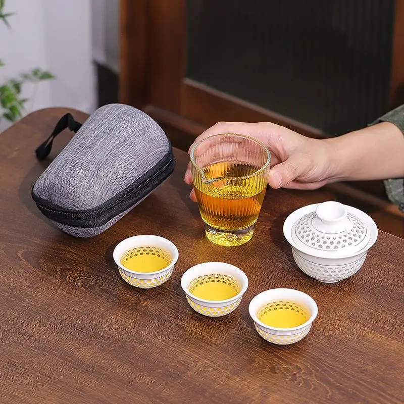 

Portable Kung Fu Travel Tea Set Porcelain Gaiwan Tea Cups Mug of Tea Ceremony Teapot Chinese Ceramic Teacup Drinkware