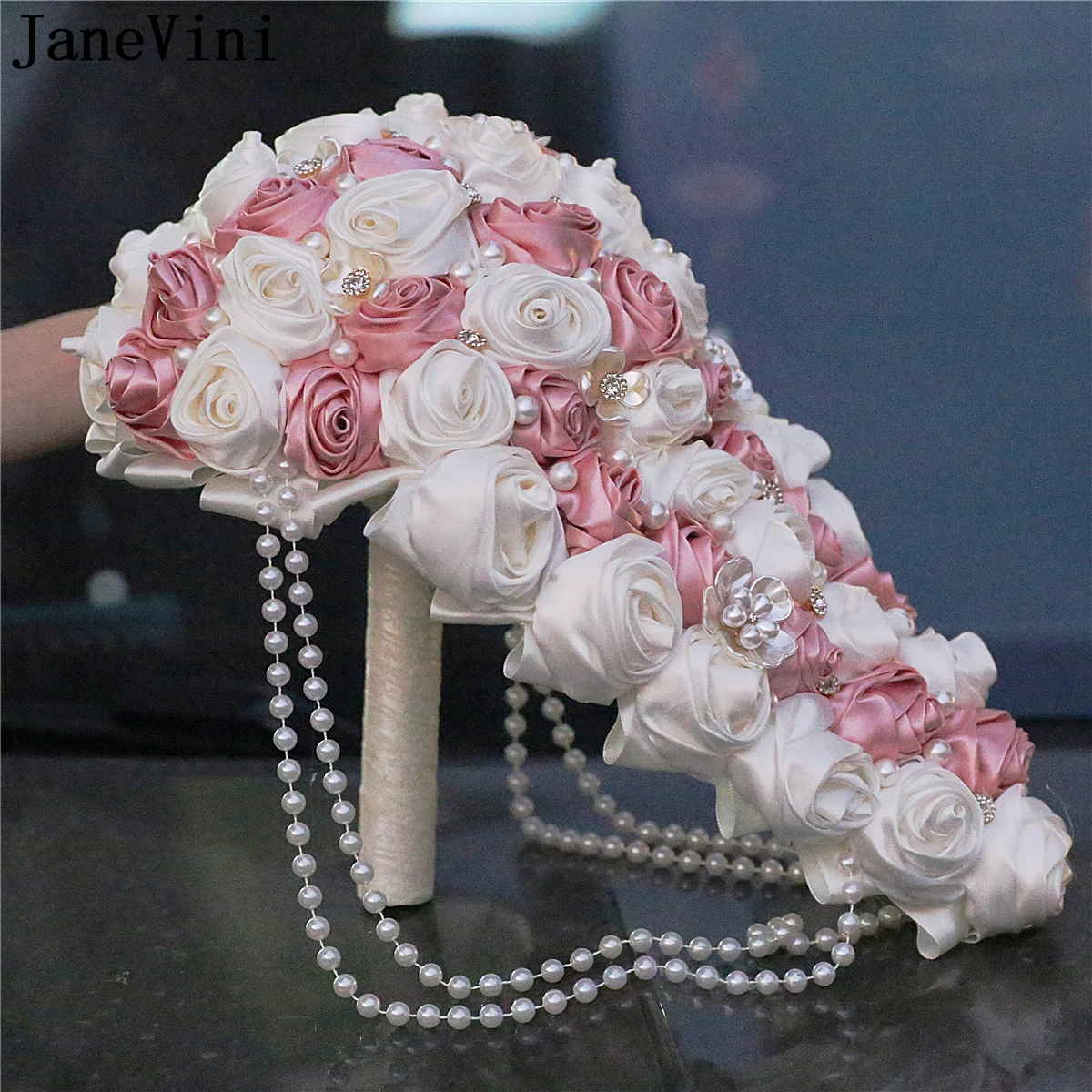 

JaneVini 2023 Nude Pink Waterfall Wedding Bouquets Beaded Pearl Bouquet for Bride Ribbon Satin Rose Cascade Bridal Flower Brooch