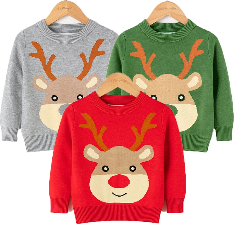 

2023 New Winter Boys Girls Sweater 2-8 Years Thick Knitted Bottoming Deer Pattern Shirt For Kids Children Christmas Present