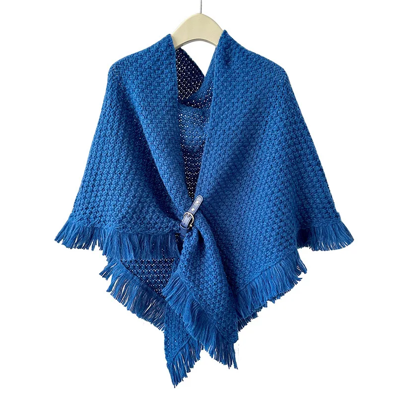 

Poncho Cloak New autumn Winter Tassel Cape With Versatile Shawl Thickened Warmth Solid Color Knotted Scarf and Camisole Blue