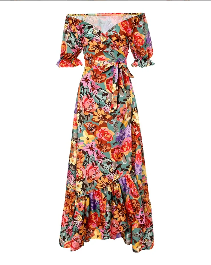 

Women's Fashion Short Sleeve Slit Dresses Floral Print Split Thigh Belted Wrap Hip Maxi Dress New Summer Vacation Casual Dress