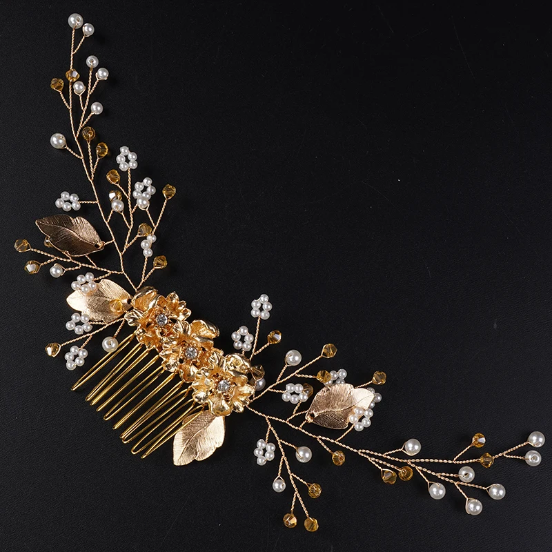 Gold Crystal Rhinestone Flower Leaf Wedding Hair Comb Headband Handmade Pearl Bridal Headdress Party Hair Accessories Headpieces 9 S1a95f0c8b5f8437c8e3cea54db03e4d9U