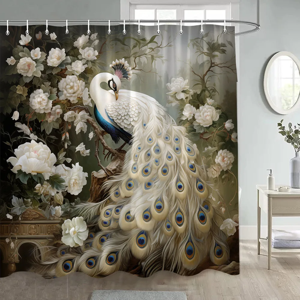 

White Peacocks Shower Curtain Peony Floral Green Leaves Plant Tree Chinese Style Vintage Art Bath Curtains Fabric Bathroom Decor