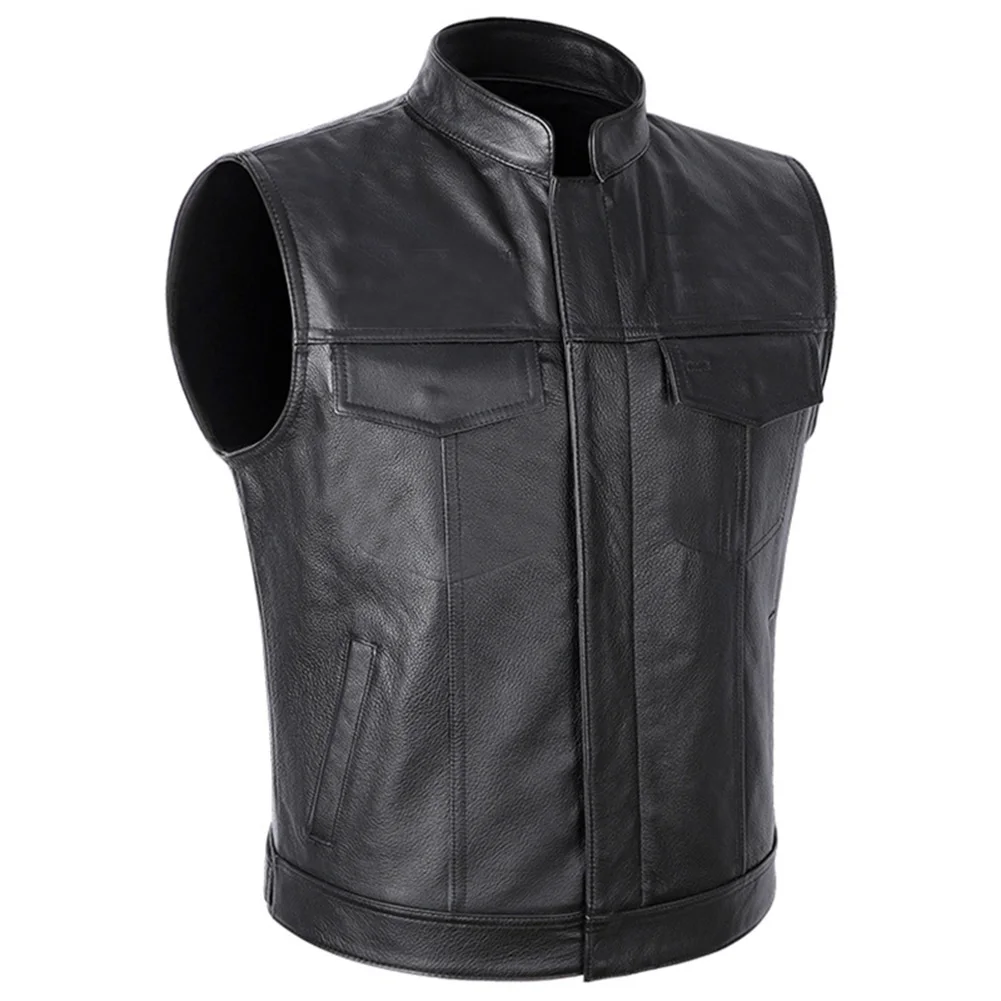 

Comfy Fashion Waistcoat Bikers Vest Button Casual Faux Leather Oversized Pocket Sleeveless Solid Color Stand Collar