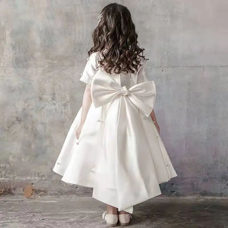 

White Flower Girl Dress For Wedding Applique Short Sleeve With Big Bow Birthday Party Pageant Kids Princess First Communion Gown