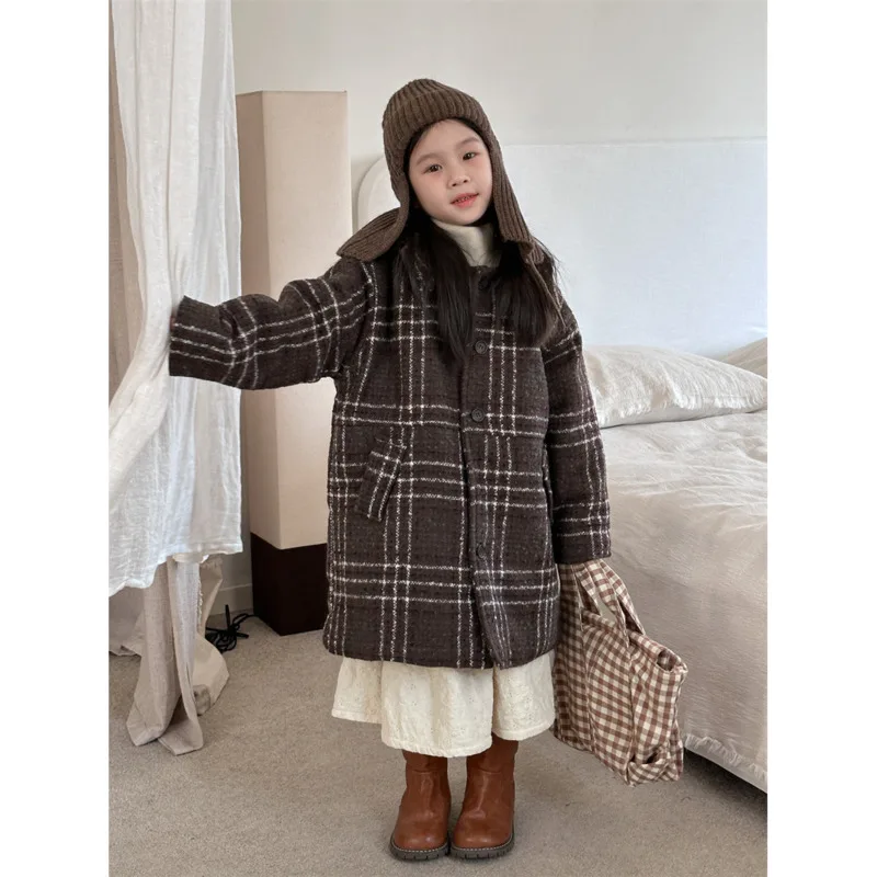 

2024 Winter New Plaid Korean Boys Little Girls Childrens Boutique Clothing Cotton Clip Thick Hooded Coat Autumn Fashion X-Long