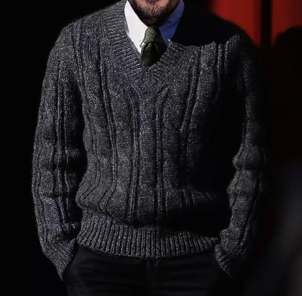 

Tailor Brando Vintage V-Neck Aran Sweater 80% Australian Wool Knit Twisted Knit Pullover Sweater