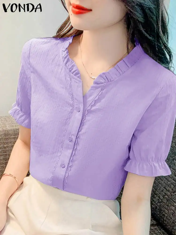 

Women Short Sleeve Shirts Fashion Solid Color Sexy Tops 2024 VONDA Casual Ruffle Blouse Summer V Neck Tops Oversized Blusa Baggy