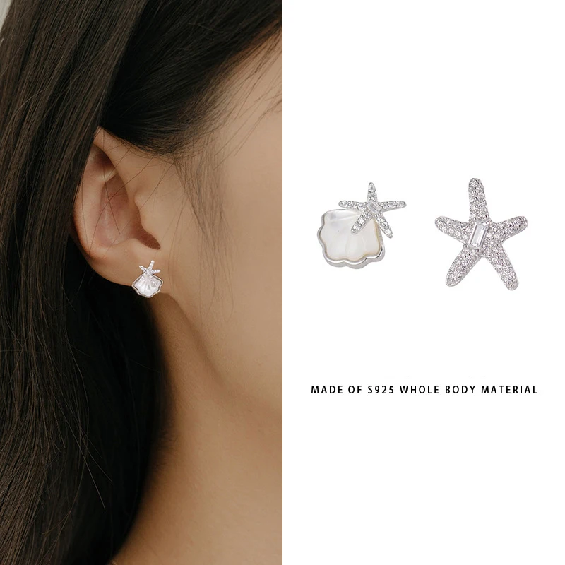 

100% 925 Sterling Silver Zircon Shell Earrings for Women Girl Fashion Starfish Asymmetric Design Jewelry Party Gift Dropshipping