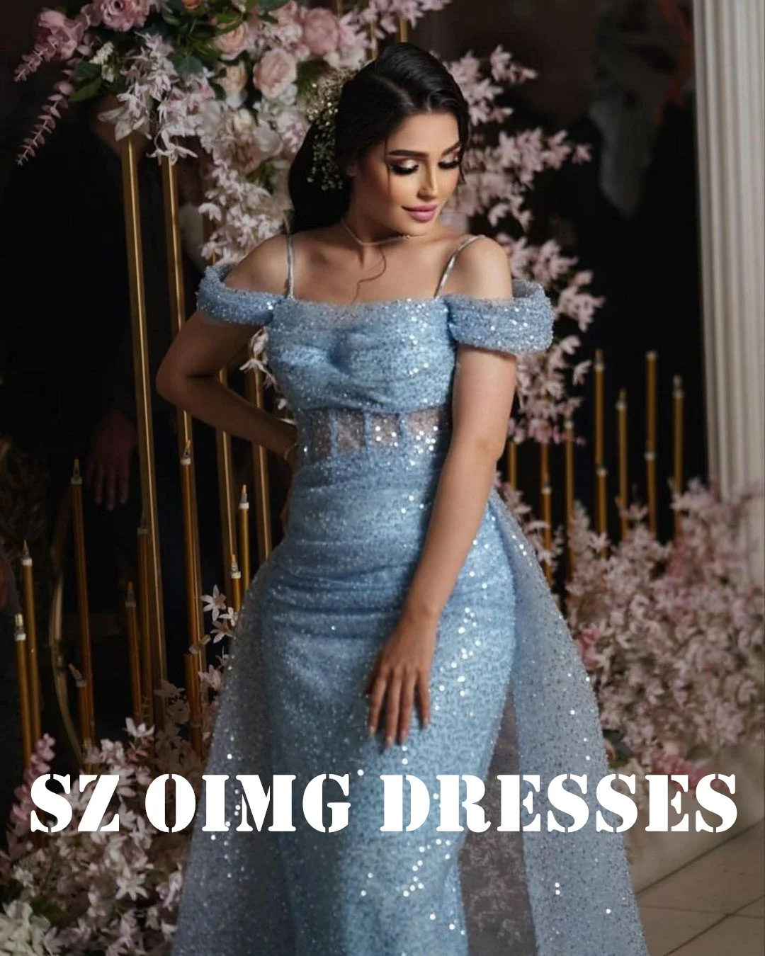 

OIMG New Design Off Shoulder Prom Dresses Saudi Arabic Women Sequined Short Sleeves Sky Blue Evening Gowns Formal Party Dress