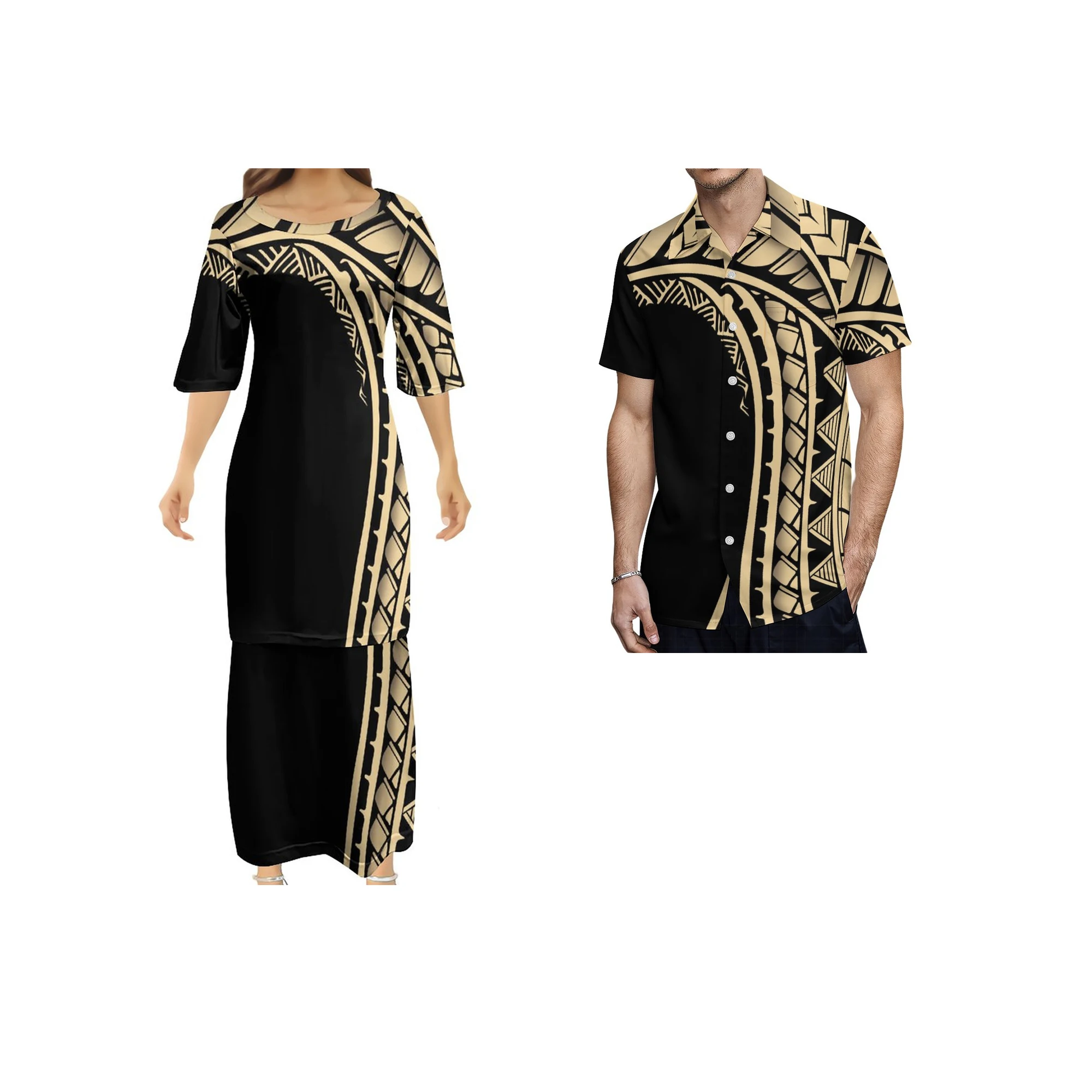 

New Design Custom Polynesian Samoan Tribal Tapa Puletasi Tatau Pattern Maxi Dress Round Neck Two Piece Set Top Skirts Outfits