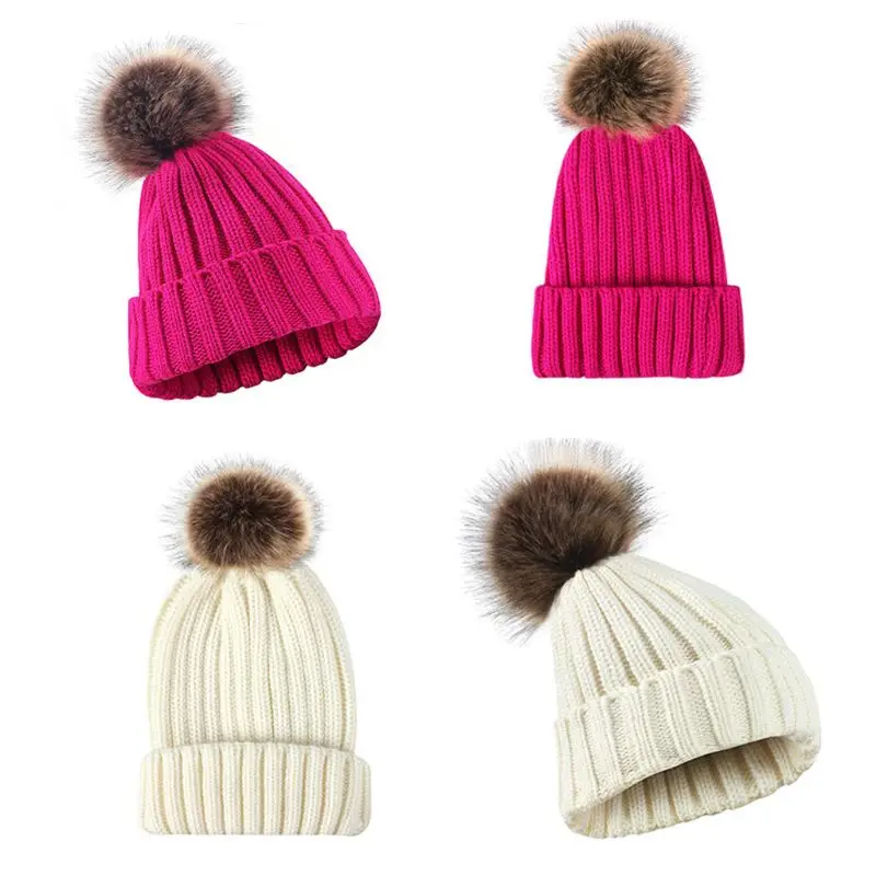 

Women Men Winter Ribbed Knitted Hat Solid Color Plain Woolen Cuffed Beanie f
