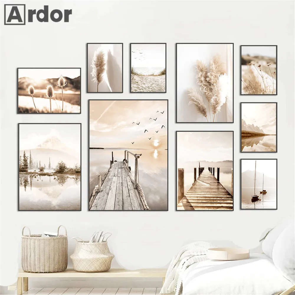 

Nature Landscape Lake Posters Sunset Bridge Canvas Painting Beige Art Prints Reed Poster Nordic Wall Pictures Living Room Decor