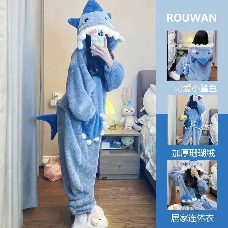 

Cartoon Cute Shark Women's Pajamas Flannel Hooded Sleepwear Pijama jumpsuit Female Set Cute Pyjamas Halloween Party Loungewear