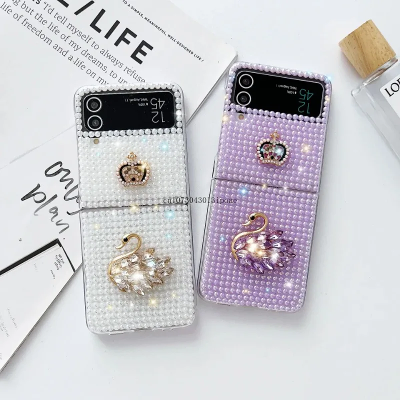 

Luxury Full of diamonds pearl crown swan With plush balls women Full Coverage for Samsung ZFlip4 ZFlip3 Shockproof Phone Case