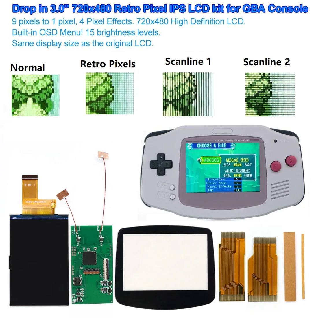 

Easy Install V5 Drop In GBA 3.0" 720x480 Retro pixel IPS LCD For Gameboy ADVANCE For GBA No Need to Cuting Shell