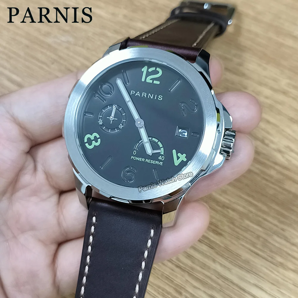 

Parnis 44mm Silver Case Black Dial Automatic Mechanical Men Watch Power Reserve Leather Strap Sapphire Crystal Watch for Men